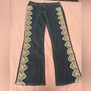 Boston Proper Denim Flare Jeans with Lace and Rhinestone Embroidery